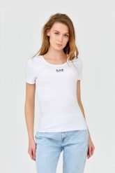 EA7 Damski t-shirt biały z logo na środku. Białe t-shirty damskie EA7 Emporio Armani, xs, bez wzorów, z bawełny, bez kołnierzyka. W wyprzedaży za 199.99 zł.