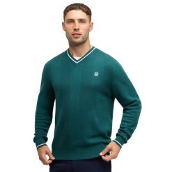 Męski sweter golfowy z dzianiny z dekoltem w serek Siroko Hagen Teal. Zielone swetry męskie SIROKO, m, bez wzorów, z dzianiny, bez kołnierzyka. Za 214.00 zł.