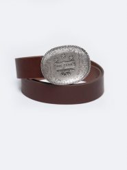 Pasek unisex skórzany z ozdobną klamrą brązowy Almos 804. Brązowe paski męskie Big Star, bez wzorów, z jeansu, eleganckie. W wyprzedaży za 59.99 zł.