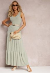 Zielona Rozkloszowana Sukienka Maxi z Bawełnianej Tkaniny Galaise. Zielone sukienki damskie Renee, na co dzień, na lato, l, bez wzorów, z bawełny, eleganckie, bez kołnierzyka, bez ramiączek, maxi, rozkloszowane. W wyprzedaży za 83.99 zł.