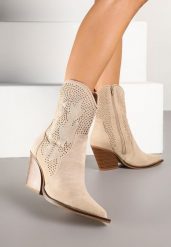 Beżowe Ażurowe Botki Kowbojki na Stożkowym Obcasie Leanorin. Brązowe botki damskie Renee, z jeansu, boho, bez obcasa, na obcasie, bez zapięcia. Za 169.99 zł.