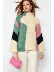 Trendyol Sweter w kolorze beżowo-zielono-jasnoróżowym rozmiar: L. Brązowe golfy damskie Trendyol, l, bez wzorów, bez ramiączek. Za 131.74 zł.