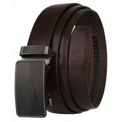 Pasek męski w ciemnobrązowym kolorze wykonany ze skóry naturalnej, wyposażony w klamrę automatyczną Peterson PTN A011-D.BROWN. Brązowe paski męskie Peterson, bez wzorów, ze skóry, eleganckie. Za 99.99 zł.