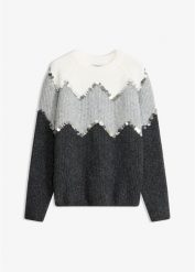 Sweter z aplikacją z cekinów. Szare swetry klasyczne damskie bonprix, bez kołnierzyka. Za 159.99 zł.