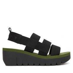 Sandały Fly London. Czarne sandały damskie Fly London, bez wzorów, bez obcasa, na koturnie. Za 463.99 zł.