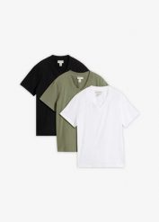 T-shirt z dekoltem w serek, z czystej bawełny organicznej, 3 szt. Niebieskie t-shirty damskie bonprix, uniwersalny, bez wzorów, z bawełny, bez kołnierzyka. Za 114.99 zł.