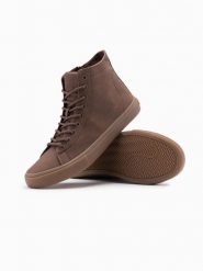 Buty trampki męskie za kostkę z gumową podeszwą – brązowe V4 OM-FOTH-0187 - 45. Brązowe trampki i tenisówki męskie Ombre Clothing, bez wzorów, z gumy, za kostkę, bez zapięcia. W wyprzedaży za 119.99 zł.