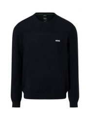 BOSS Green sweter z zawartością merynosów - Momentum Mężczyźni Sztuczne włókno niebieski, L. Niebieskie swetry męskie Boss Green, l, bez wzorów, prążkowane, bez kołnierzyka. Za 629.95 zł.