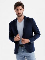 Marynarka męska z naszywanymi kieszeniami - granatowa V1 OM-BLZB-0127 - L. Niebieskie marynarki męskie Ombre Clothing, bez wzorów, z materiału. W wyprzedaży za 229.99 zł.
