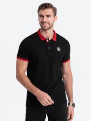 Męska koszulka polo z kolorowymi akcentami – czarny V3 OM-POSS-0105 - L. Czarne koszulki polo męskie Ombre Clothing, l, z dzianiny, bez ramiączek. W wyprzedaży za 79.99 zł.