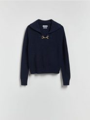 Sweter z wełną - granatowy. Niebieskie swetry klasyczne damskie Reserved, l, z dzianiny, bez kołnierzyka. Za 139.99 zł.