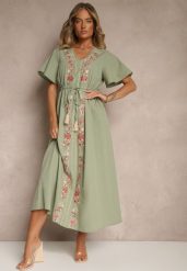 Zielona Rozkloszowana Sukienka z Bawełny w Stylu Boho z Ozdobnym Haftem Sersena. Zielone sukienki damskie Renee, na co dzień, l, bez wzorów, z bawełny, boho, bez kołnierzyka, bez ramiączek, maxi, rozkloszowane. W wyprzedaży za 97.99 zł.