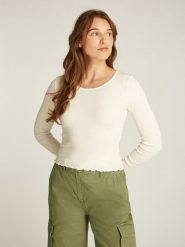 TOMMY JEANS Koszulka w kolorze kremowym rozmiar: XS. Brązowe bluzki damskie Tommy Jeans, xs, bez wzorów, z jeansu, bez kołnierzyka, bez ramiączek. Za 114.71 zł.