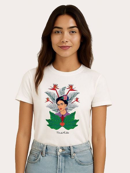 WOOOP Koszulka "Frida Kahlo Jungle" w kolorze białym rozmiar: XXL. Białe bluzki damskie Wooop, xxl, bez wzorów, z bawełny, bez kołnierzyka, bez ramiączek. Za 56.99 zł.