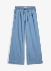 Dżinsy Wide Leg, mid waist, wygodny pasek. Niebieskie jeansy damskie bonprix. Za 119.99 zł.