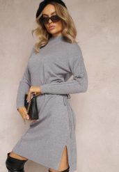 Szara Mini Pudełkowa Sukienka ze Sznurkiem w Talii oraz Półgolfem Agaira. Szare sukienki damskie Renee, m, bez wzorów, bez kołnierzyka, bez ramiączek, mini. W wyprzedaży za 62.99 zł.