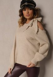 Beżowy Sweter z Ozdobnym Wiązaniem i Wycięciem na Ramieniu Eledi. Brązowe swetry klasyczne damskie Renee, bez kołnierzyka. Za 119.99 zł.
