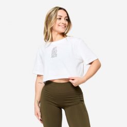 Koszulka fitness damska Domyos crop top. Bluzki damskie DOMYOS, m, z bawełny, bez kołnierzyka, bez ramiączek. Za 49.99 zł.