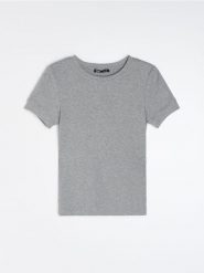 Jednolita koszulka z krótkim rękawem i domieszką modalu - szary. Szare t-shirty damskie Sinsay, l, bez wzorów, bez kołnierzyka. Za 19.99 zł.