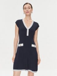 Guess Sukienka dzianinowa Febe 4RGK08 5790Z Granatowy Regular Fit. Niebieskie sukienki damskie Guess, z aplikacjami, z dzianiny, bez kołnierzyka, bez ramiączek. Za 479.99 zł.