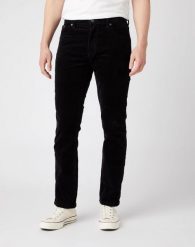 MĘSKIE SPODNIE SZTRUKSOWE WRANGLER TEXAS SLIM BLACK W12SEC100 112141146. Czarne spodnie materiałowe męskie Wrangler, z aplikacjami, z bawełny. Za 199.99 zł.