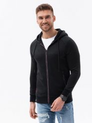 Dzianinowa bluza męska rozpinana z kapturem - czarna V1. Czarne bluzy z kapturem męskie Ombre Clothing, m, z dzianiny. W wyprzedaży za 49.99 zł.