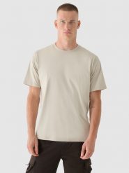 4F T-shirt oversize z nadrukiem męski - beżowy S. Brązowe t-shirty męskie 4f, m, bez wzorów, z bawełny, bez kołnierzyka. W wyprzedaży za 39.99 zł.