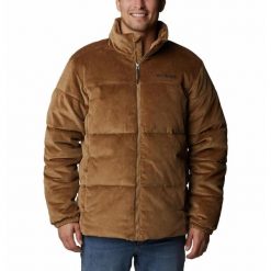 Kurtka Turystyczna Puchowa Męska Columbia Puffect Corduroy Jacket. Brązowe kurtki męskie Columbia, l, bez wzorów, z puchu, sportowe, bez kaptura. W wyprzedaży za 599.55 zł.