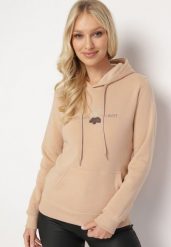 Beżowa Ocieplona Bluza Kangurka z Kapturem i Pluszową Naszywką Dysineia. Brązowe bluzy z kapturem damskie Born2be, l, z polaru. Za 84.99 zł.