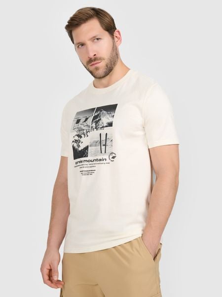 4F T-shirt regular z nadrukiem męski - beżowy XXL. Brązowe t-shirty męskie 4f, m, bez wzorów, z bawełny, bez kołnierzyka. Za 69.99 zł.