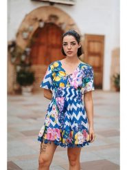 Isla Bonita by SIGRIS Sukienka w kolorze niebieskim ze wzorem rozmiar: XL. Niebieskie sukienki damskie Isla Bonita by SIGRIS, xl, bez wzorów, z bawełny, bez kołnierzyka, bez ramiączek, mini. Za 140.45 zł.