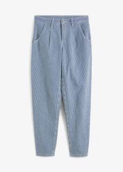 Dżinsy o baryłkowatym kroju w paski, mid waist. Niebieskie jeansy damskie bonprix. Za 149.99 zł.