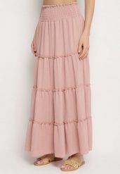 Różowa Spódnica o Rozkloszowanym Kroju z Falbankami i Gumką w Talii Dovinala. Czerwone spódniczki damskie Born2be, l, bez wzorów, eleganckie, maxi, koszulowe. Za 54.99 zł.
