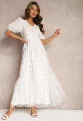 Biała Maxi Sukienka Tiulowa Rozkloszowana z Paskiem i Bufiastymi Rękawami Bervilla. Białe sukienki damskie Renee, l, bez wzorów, z tiulu, eleganckie, bez kołnierzyka, bez ramiączek, maxi, rozkloszowane. W wyprzedaży za 159.99 zł.