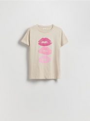 Bawełniany t-shirt z nadrukiem - beżowy. Brązowe t-shirty damskie Reserved, l, bez wzorów, z bawełny, bez kołnierzyka. Za 49.99 zł.