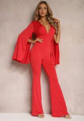Czerwony Dopasowany Kombinezon z Rozkloszowanymi Rękawami i Głębokim Dekoltem Andrika. Czerwone kombinezony damskie Renee, m, bez wzorów, eleganckie, bez kołnierzyka, bez ramiączek. Za 119.99 zł.