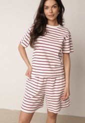 Czerwono-Białe Bawełniane Szorty w Paski z Wysokim Stanem w Stylu Casual Naunea. Białe szorty damskie Born2be, bez wzorów, z bawełny, casualowe, z podwyższonym stanem. Za 59.99 zł.