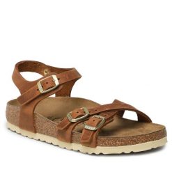 Sandały Birkenstock. Brązowe sandały damskie Birkenstock, bez wzorów, bez obcasa, na płaskiej podeszwie. Za 579.99 zł.