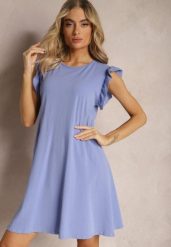 Jasnoniebieska Trapezowa Sukienka z Elastycznej Bawełny z Falbankami Przy Ramionach Aleradia. Niebieskie sukienki damskie Renee, na imprezę, na lato, l, bez wzorów, z bawełny, bez kołnierzyka, bez ramiączek, mini, trapezowe. Za 49.99 zł.