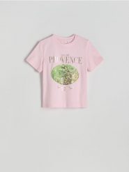 Bawełniany t-shirt z nadrukiem - pastelowy róż. Czerwone t-shirty damskie Reserved, l, bez wzorów, z bawełny, bez kołnierzyka. W wyprzedaży za 35.99 zł.
