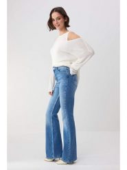Trendyol Dżinsy - Flare fit - w kolorze niebieskim rozmiar: 36. Niebieskie jeansy damskie Trendyol, z podwyższonym stanem. Za 117.99 zł.