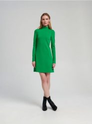 Sukienka mini ze stójką - zielony. Zielone sukienki damskie Sinsay, l, bez wzorów, ze skóry, bez kołnierzyka, bez ramiączek, mini, trapezowe. Za 59.99 zł.