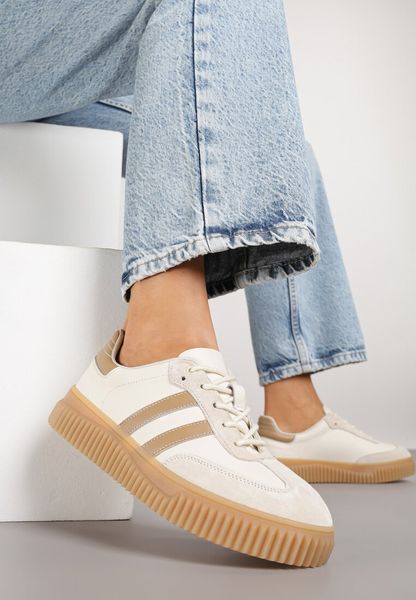 Beżowo-Brązowe Skórzane Sneakersy Klasyczne Tenisówki z Zamszu Naturalnego Teniresela. Brązowe trampki i tenisówki damskie Born2be, bez wzorów, z jeansu. Za 189.99 zł.