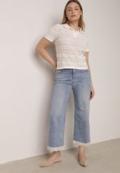 Niebieskie Szerokie Jeansy Ozdobione na Dole Koronką Salioneth. Niebieskie jeansy damskie Born2be, z podwyższonym stanem. Za 109.99 zł.