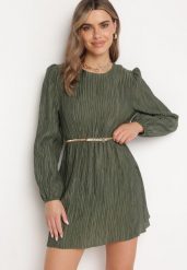 Ciemnozielona Rozkloszowana Sukienka z Gumką w Pasie i Długim Rękawem Biasha. Zielone sukienki damskie Born2be, na co dzień, m, bez wzorów, eleganckie, bez kołnierzyka, bez ramiączek, mini, dopasowane. W wyprzedaży za 95.99 zł.