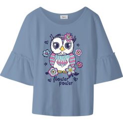 Shirt z falbanami w rękawach bonprix matowy indygo z nadrukiem. Niebieskie koszulki dziewczęce bonprix, bez wzorów, z bawełny, bez ramiączek. Za 29.99 zł.