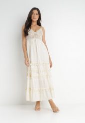 Jasnobeżowa Sukienka Dorassa. Brązowe sukienki damskie Born2be, m, bez wzorów, z bawełny, boho, bez kołnierzyka, bez ramiączek, maxi, rozkloszowane. W wyprzedaży za 199.99 zł.