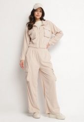 Jasnobeżowy Komplet Dresowy w Stylu Cargo Bluza ze Stójką i Szerokie Spodnie Arritarra. Brązowe bluzy bez kaptura damskie Born2be, m, z dresówki. Za 84.99 zł.