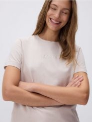 Bawełniany t-shirt z nadrukiem - beżowy. Brązowe t-shirty damskie Reserved, l, bez wzorów, z bawełny, bez kołnierzyka. Za 59.99 zł.
