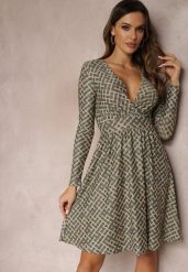 Ciemnozielona Sukienka w Geometryczny Wzór z Metaliczną Nitką Mairol. Zielone sukienki damskie Renee, na co dzień, s, bez wzorów, bez kołnierzyka, bez ramiączek, mini, kopertowe. Za 79.99 zł.